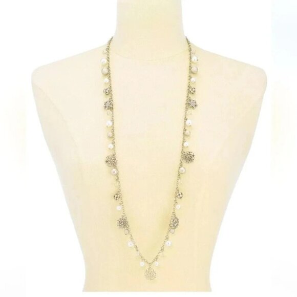 Snowflake Pearl Silver-Tone Pave Imitation 36 Strand Necklace - Picture 1 of 2